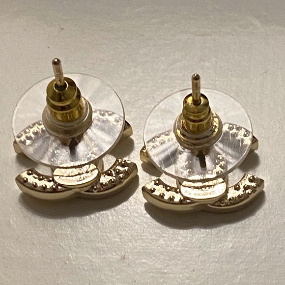 Chanel Gold Metal and Silver Crystal Mini Tiny Classic Stud Earrings - Picture 4 of 10